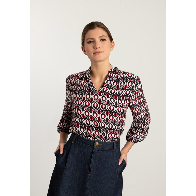 Navy & Red Graphic Print Viscose Blouse