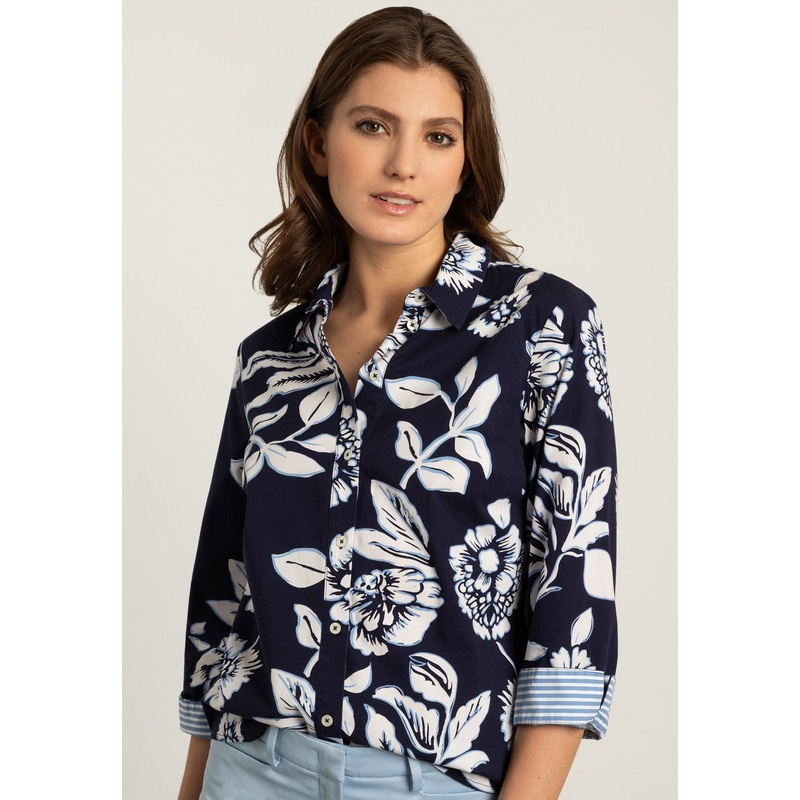 Navy & White Flower Print Shirt Blouse