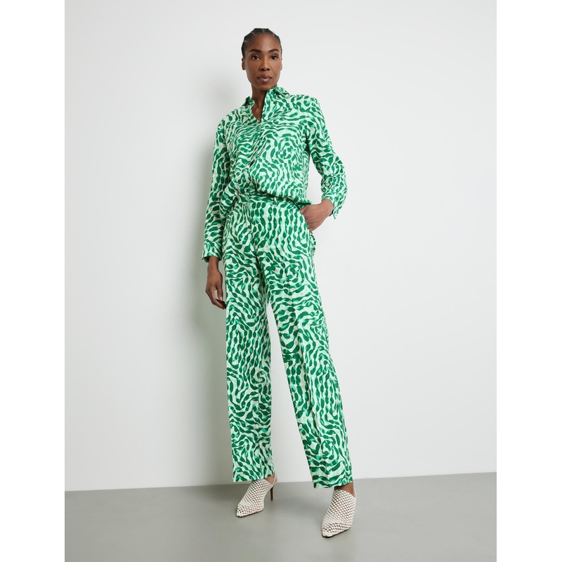 Patterned Linen Trousers With Pressed Pleats