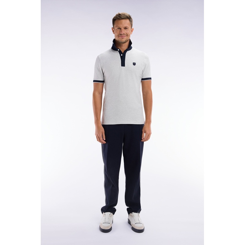 Slim-Fit Plain Short-Sleeved Polo Shirt in Grey Stretch Cotton with Contrasting Piping