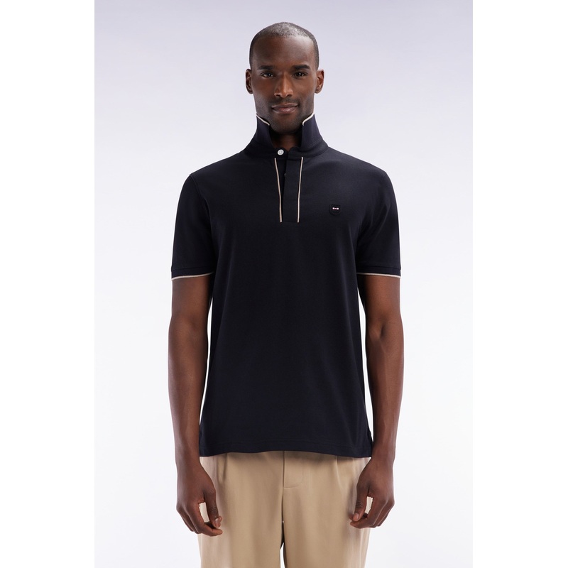 Slim-Fit Short-Sleeved Polo Shirt in Black Stretch Cotton Piqu
