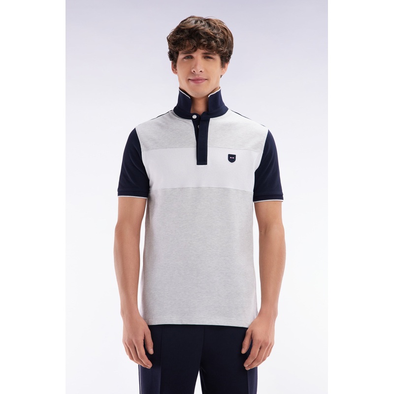 Slim-Fit Short-Sleeved Polo Shirt in Grey Stretch Cotton with Contrasted Stripe