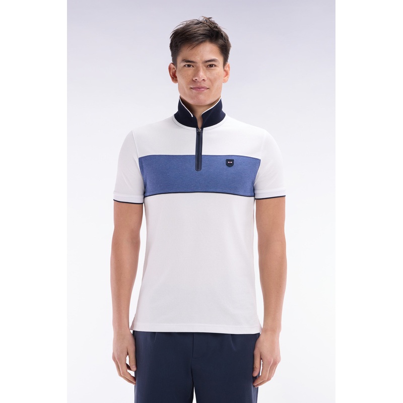 Slim-Fit Short-Sleeved Polo Shirt in Grey Stretch Mottled Cotton Piqu with Contrasting Accents