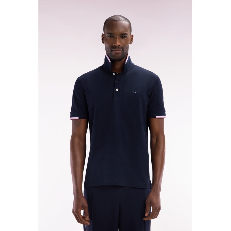 Straight-Cut Short-Sleeved Polo Shirt in Navy Cotton with Two-Tone Ribbed Edges