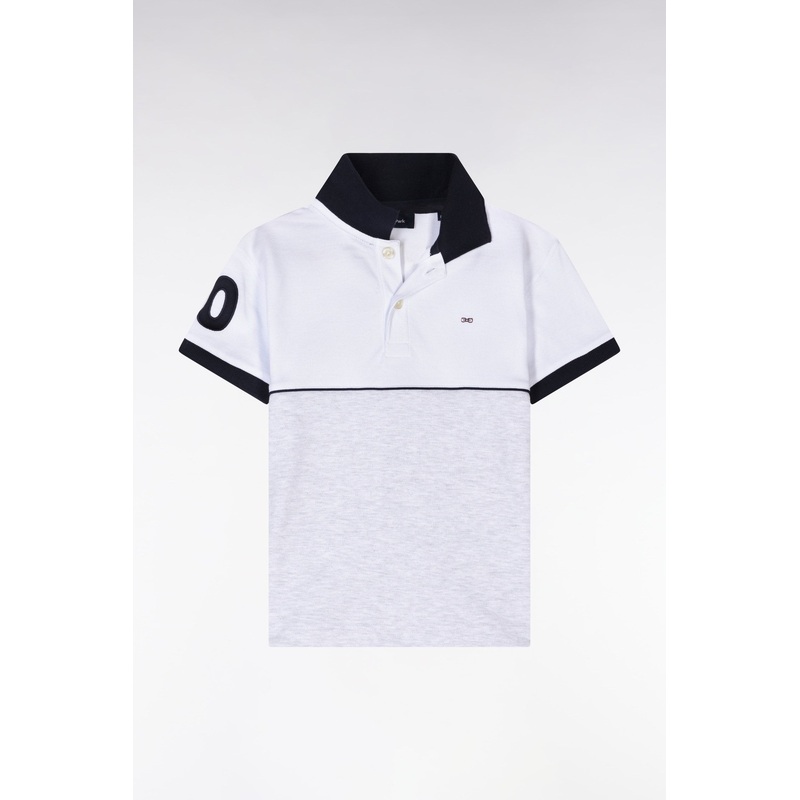 Straight-Fit Two-Tone Short-Sleeved Polo Shirt in Grey Cotton with Number 10 Embroidery