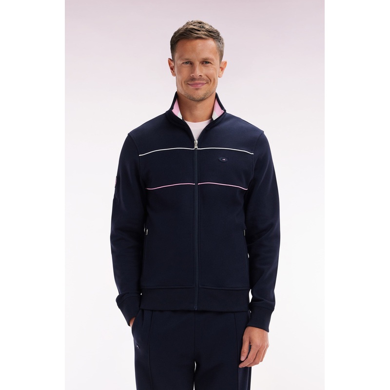 Straight-Fit Zip-Up Sweatshirt in Navy Stretch Cotton with Contrasting Piping