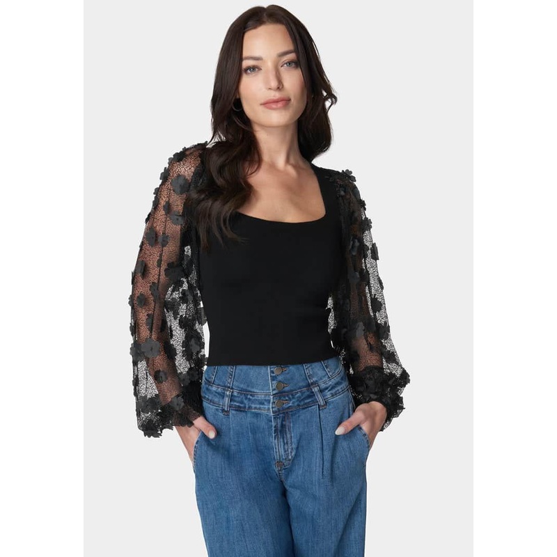 Embroidered Sleeves Square Neck Sweater