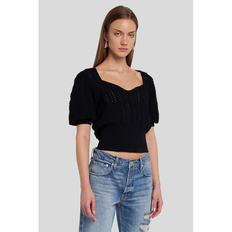 Portrait Neck Top Pointelle Black