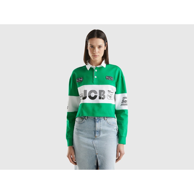 Cropped Green Polo With Patch And Prints