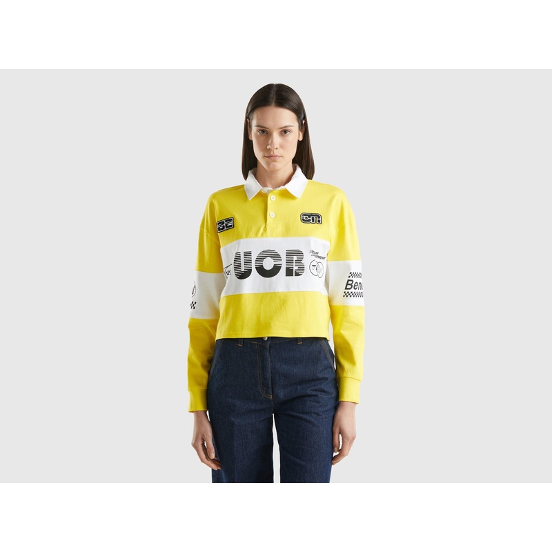 Cropped Yellow Polo With Patch And Prints
