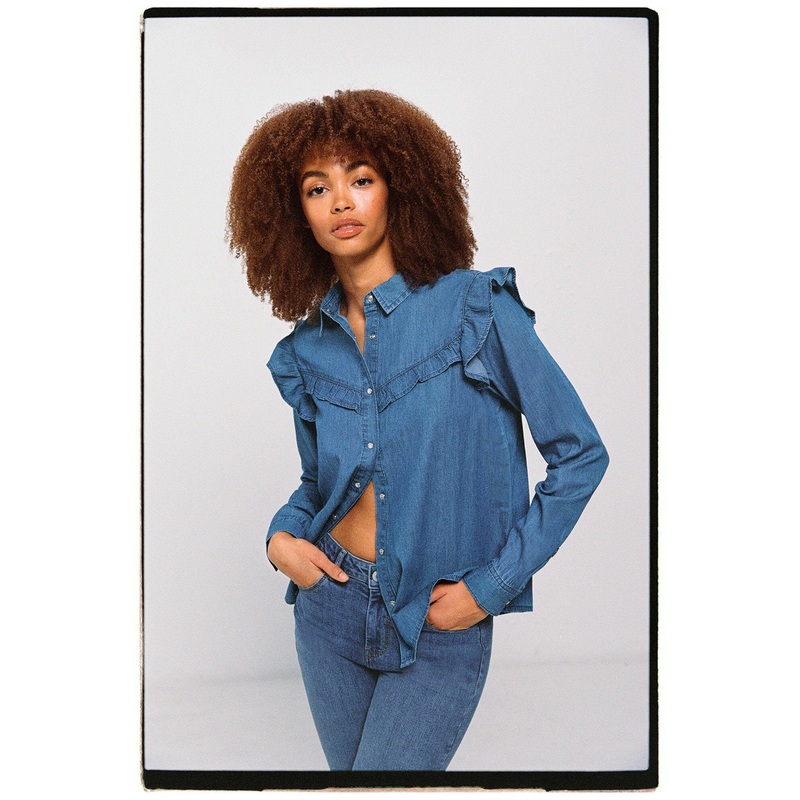 Denim Button Down Shirt With Ruffles