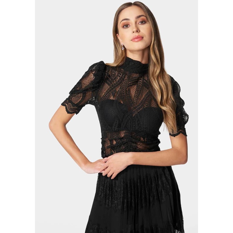 Puff Sleeve Ruched Waist Lace Top