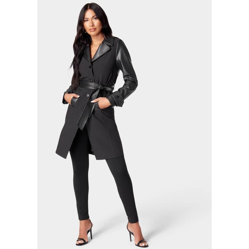 Vegan Leather Combo Woven Twill Trench Coat