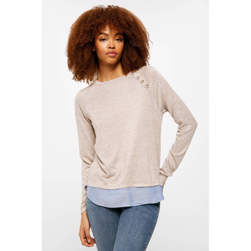 Beige Sweater With Shirt Hem