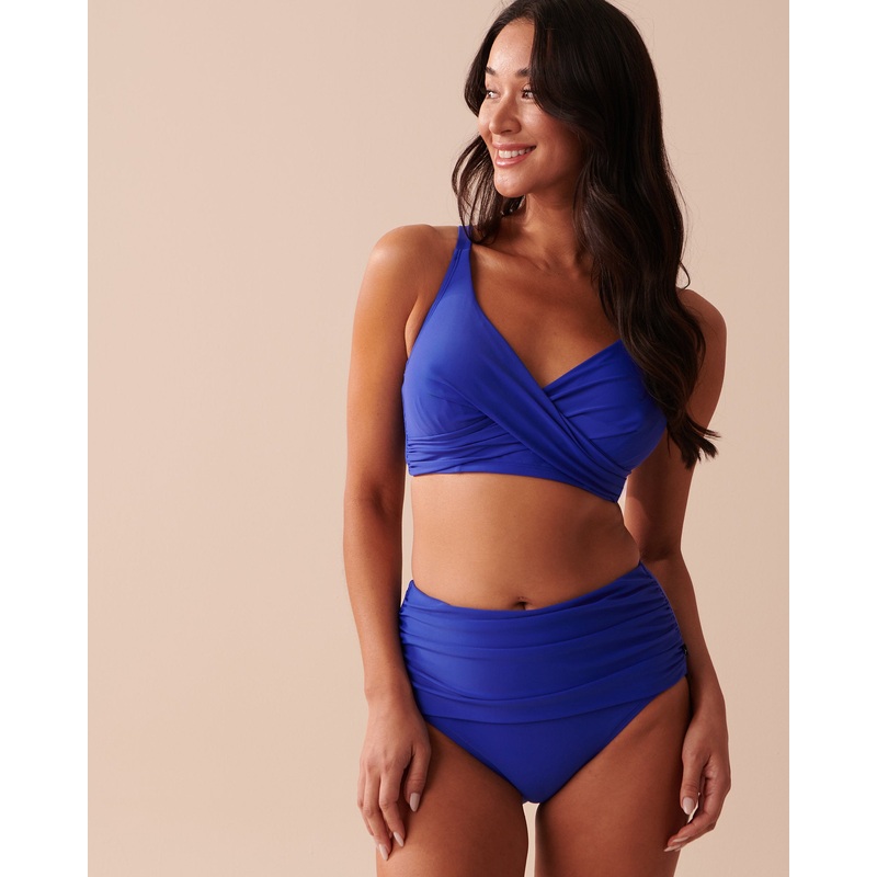 Deep Blue Recycled Fibers Draped High Waist Bikini