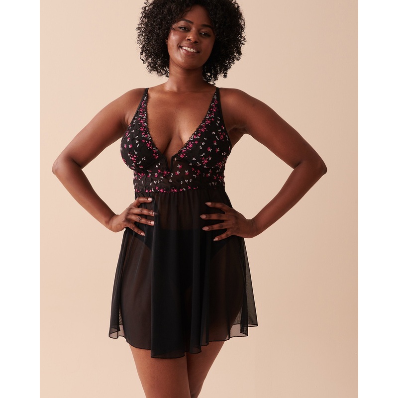 Embroidered Mesh Plunge Nightie