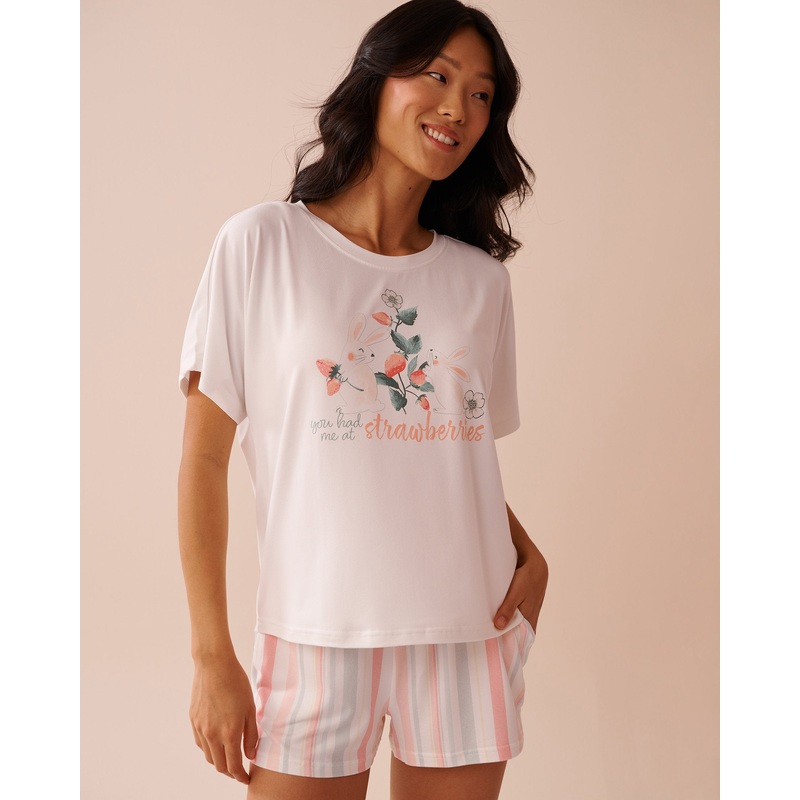Rabbit & Strawberry Print Super Soft Loose Fit T-Shirt