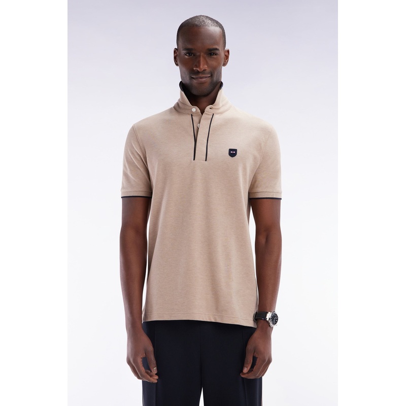 Slim-Fit Short-Sleeved Polo Shirt in Beige Stretch Cotton Piqu