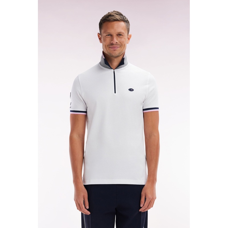 Slim-Fit Short-Sleeved Polo Shirt in White Stretch Cotton with Zipped Collar