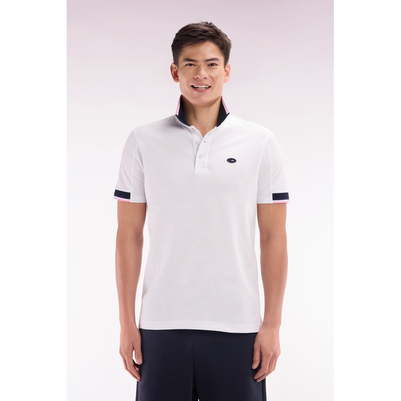 Straight-Cut Short-Sleeved Polo Shirt in White Cotton with Two-Tone Ribbed Edges