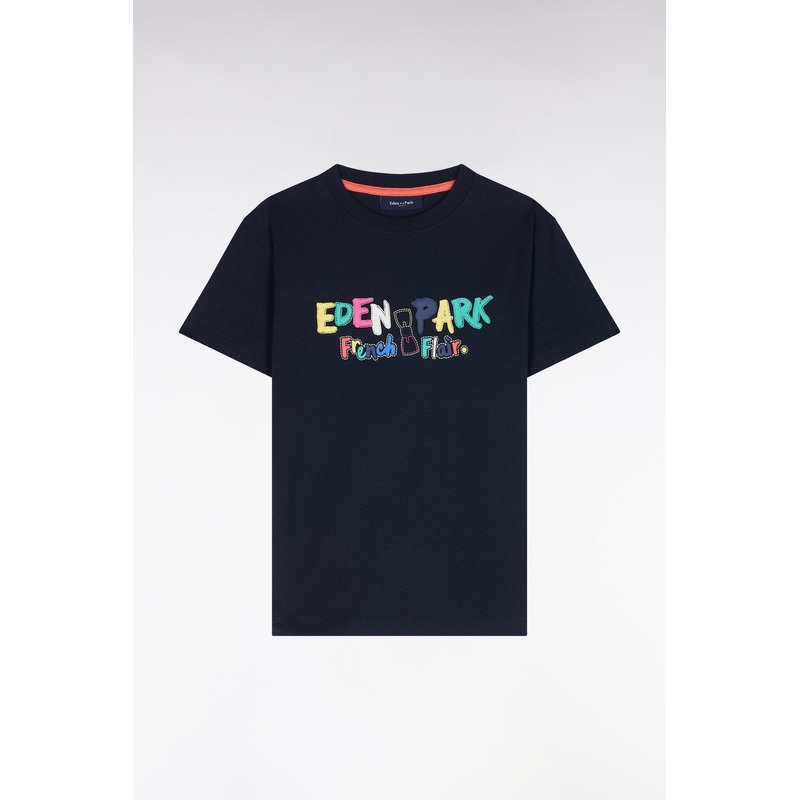 Straight-Fit Multicolor Screen Printed Navy Cotton T-Shirt