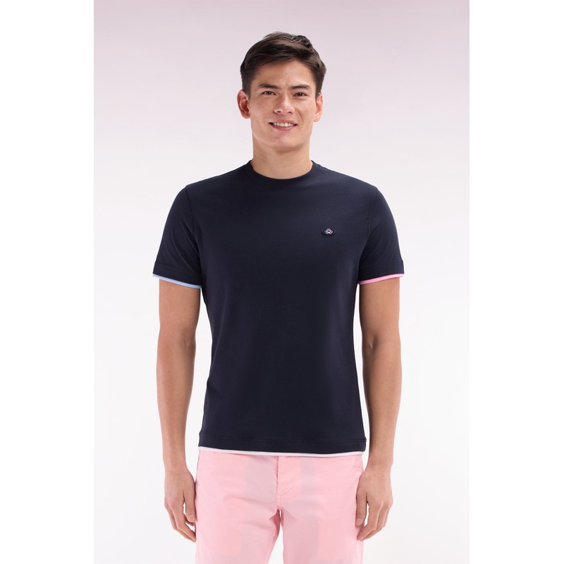 Straight-Fit Navy Cotton T-Shirt with Colorful Sleeve Trim