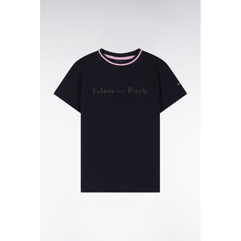 Straight-Fit Navy Cotton T-Shirt with Pink Accents