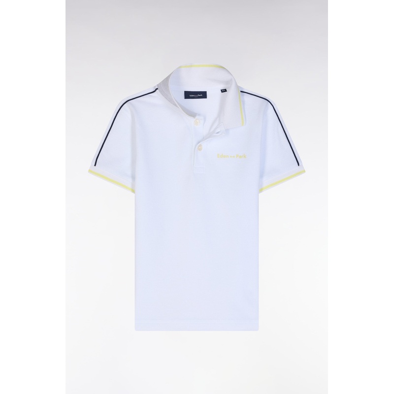 Straight-Fit Short-Sleeved Polo Shirt in White Cotton with Yellow Logo