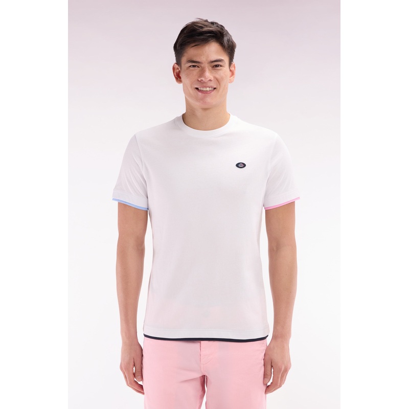 Straight-Fit White Cotton T-Shirt with Colorful Sleeve Trim