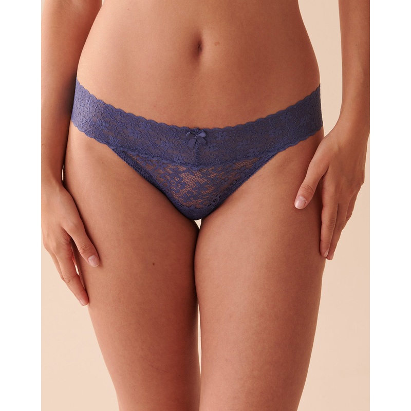 Microfiber And Wide Lace Band Thong Panty