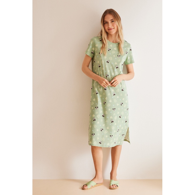 Green Print Short Sleeves Medium Nightdress