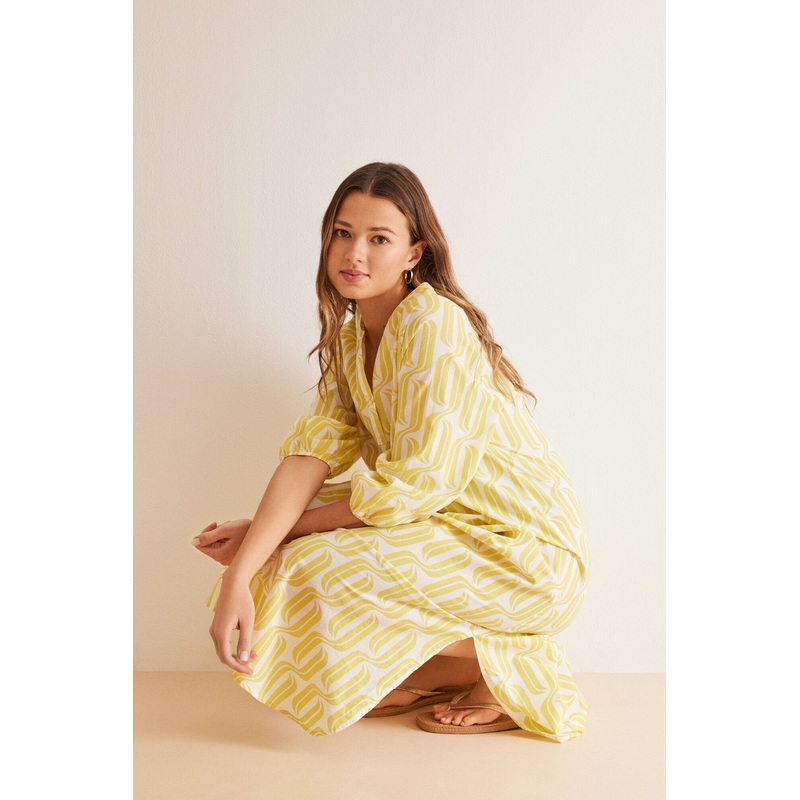 Yellow Print Long Sleeves Long Dress