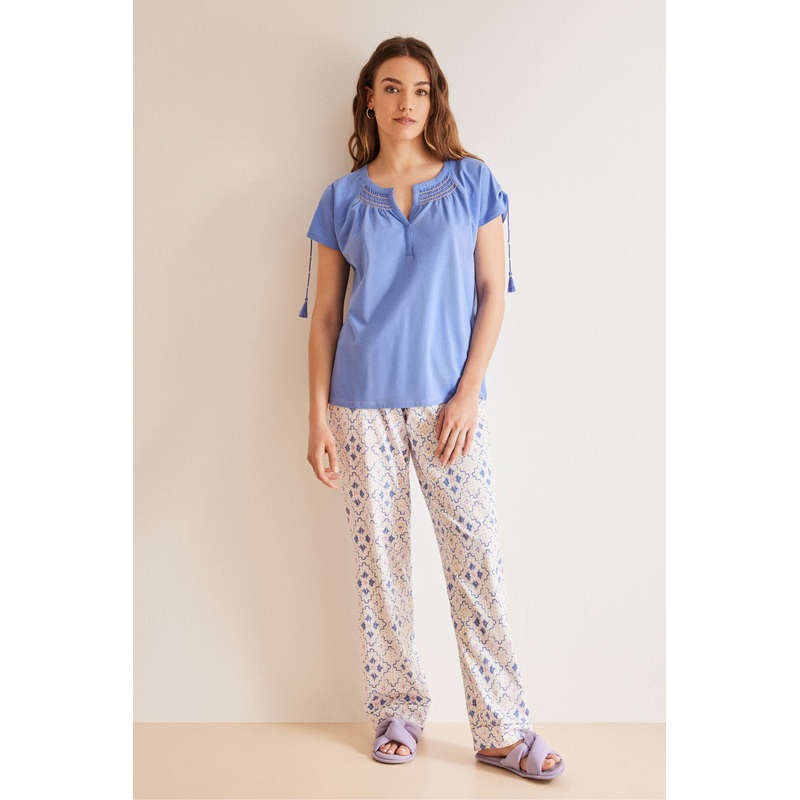Blue Print Short Sleeves Long Pant Pyjama