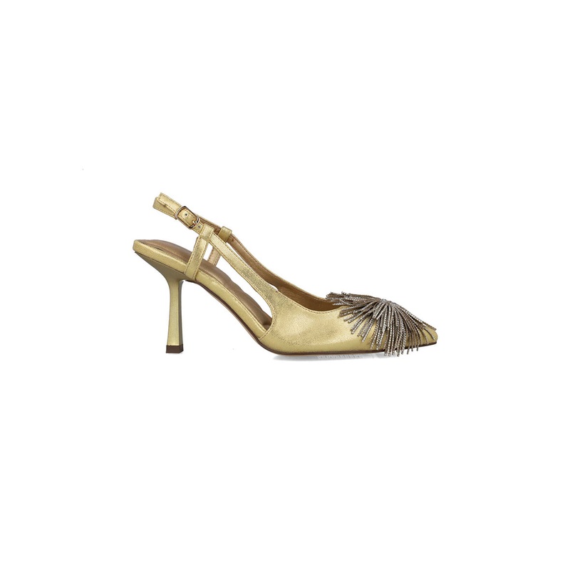 Gold Slingback Pumps With Fringe Piece