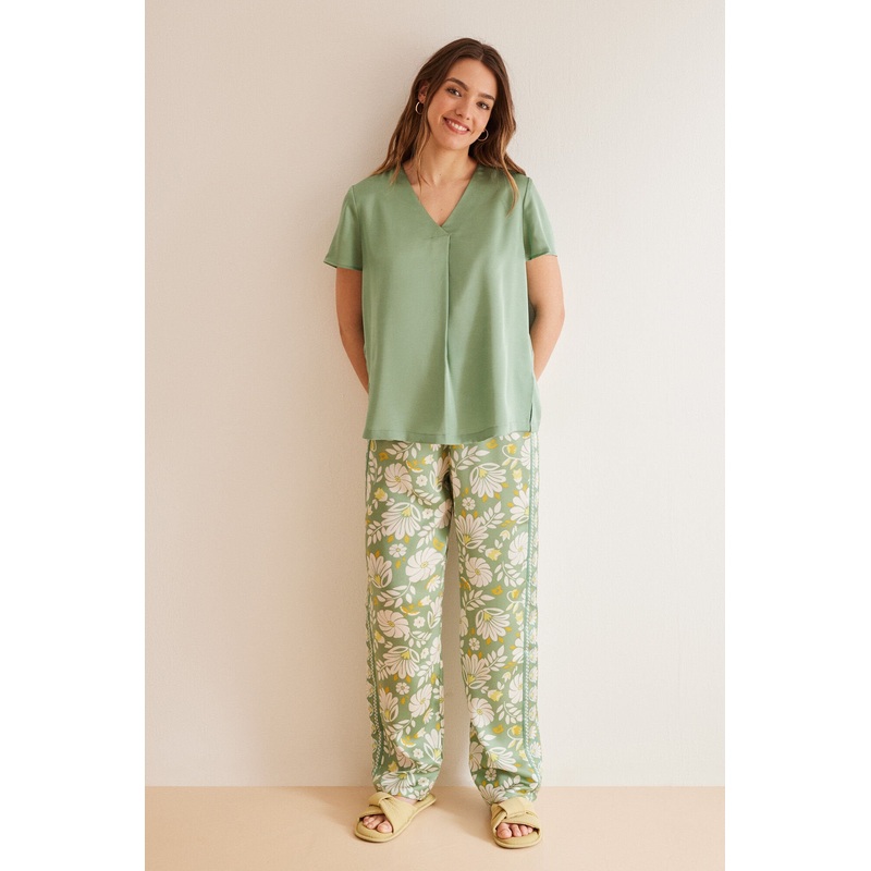 Green Short Sleeves Long Pant Pyjama