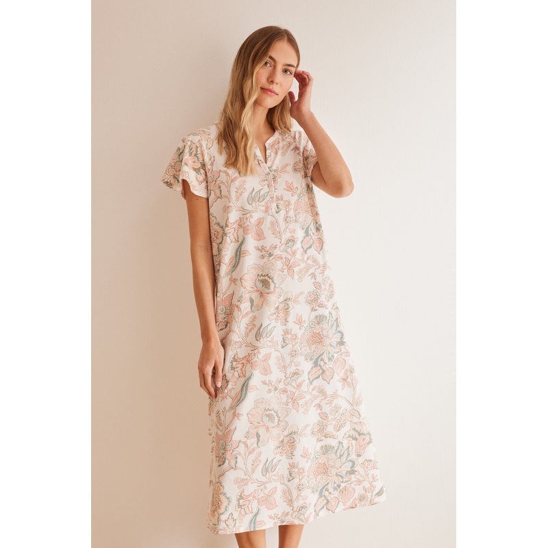 White Print Short Sleeves Medium Nightdress