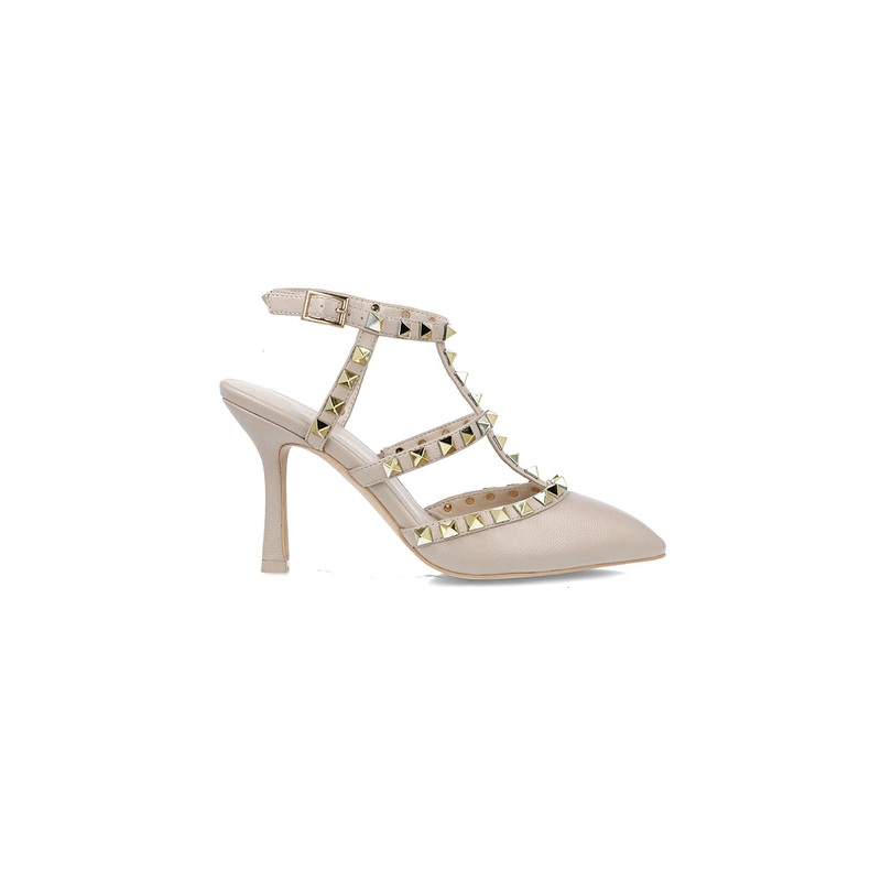 Beige Studded Pumps With T-Strap