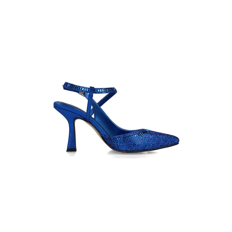 Blue Embellished Pumps With Ankle Strap