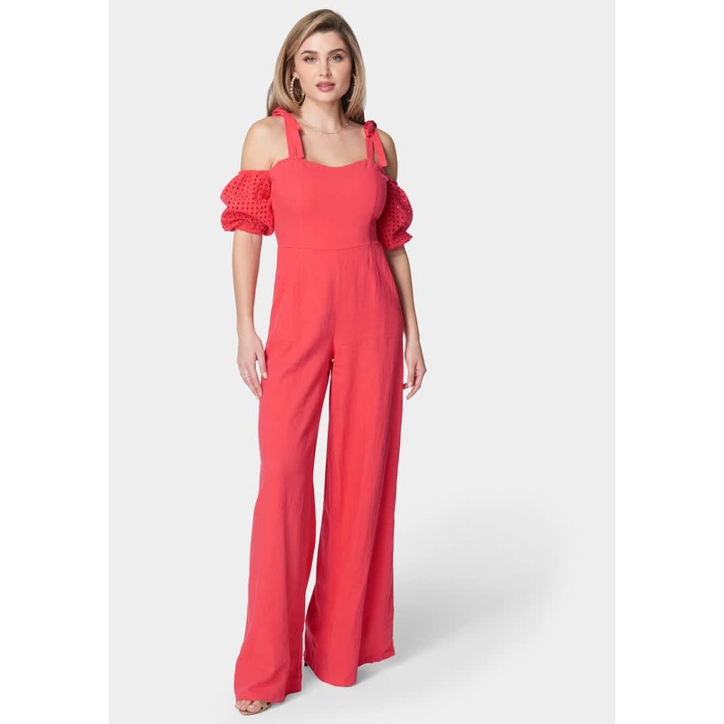 Embroidered Cotton Puff Sleeve Full Wide Leg Jumpsuit