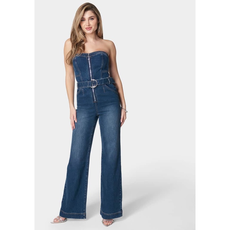 Front Zipper Wide Leg Denim Jumpsuit