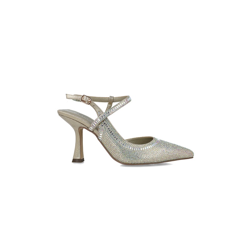 Gold Embellished Pumps With Ankle Strap