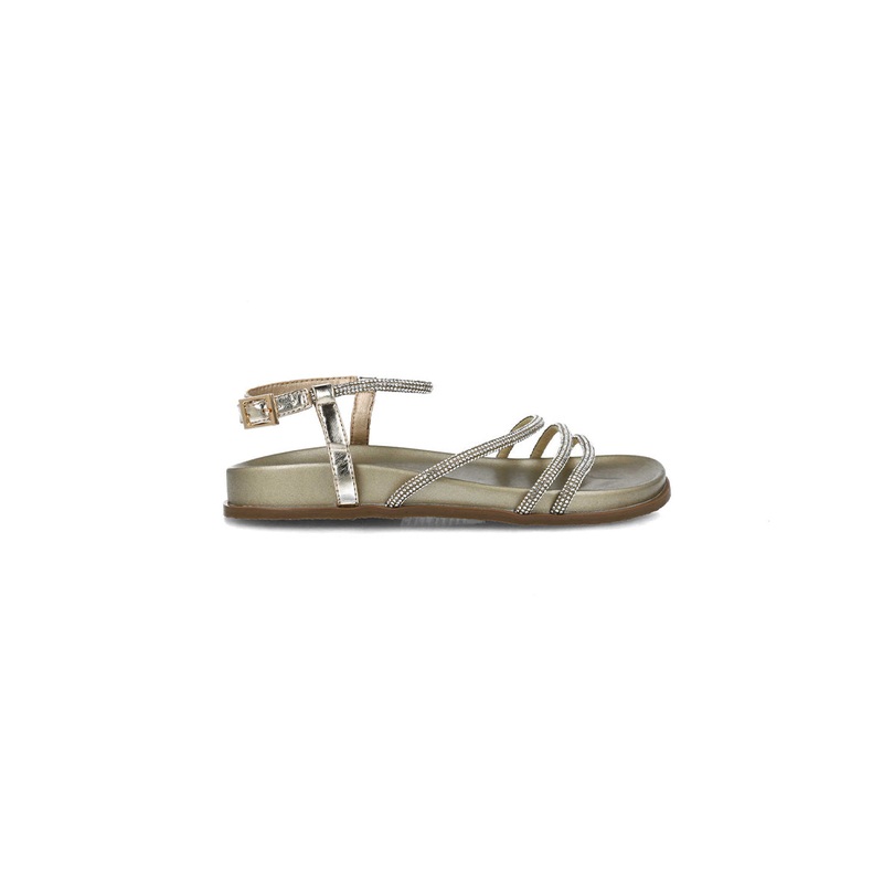 Gold Flat Sandals With Embellished Ankle Strap