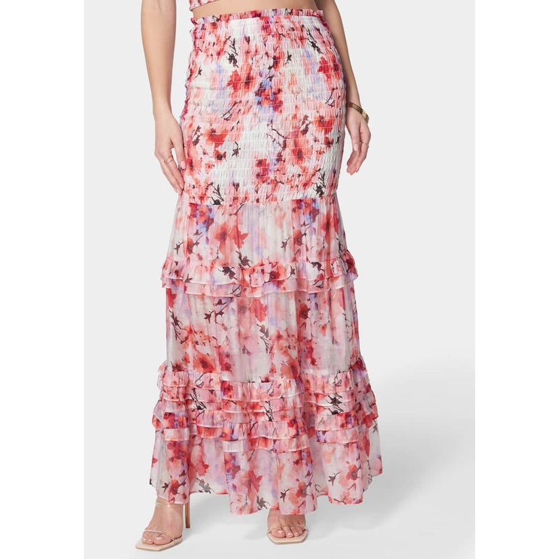 High Waist Smocked Ruffle Maxi Skirt