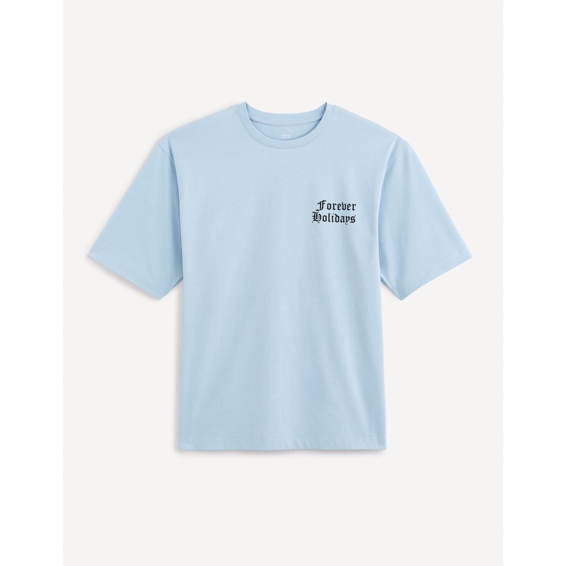 Oversized Round-Neck Cotton T-Shirt - Light Blue