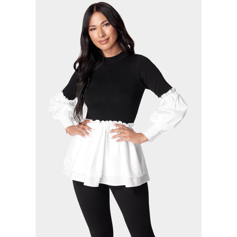 Poplin Combo Mock Neck Sweater