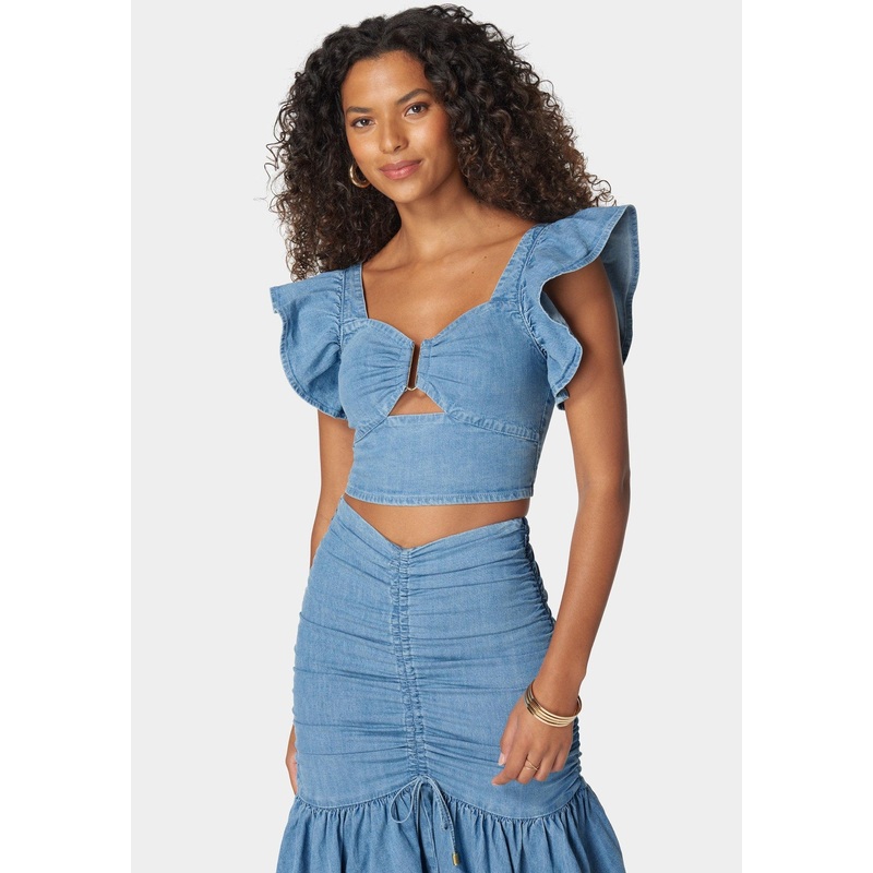 Front Keyhole Ruffle Sleeve Denim Top