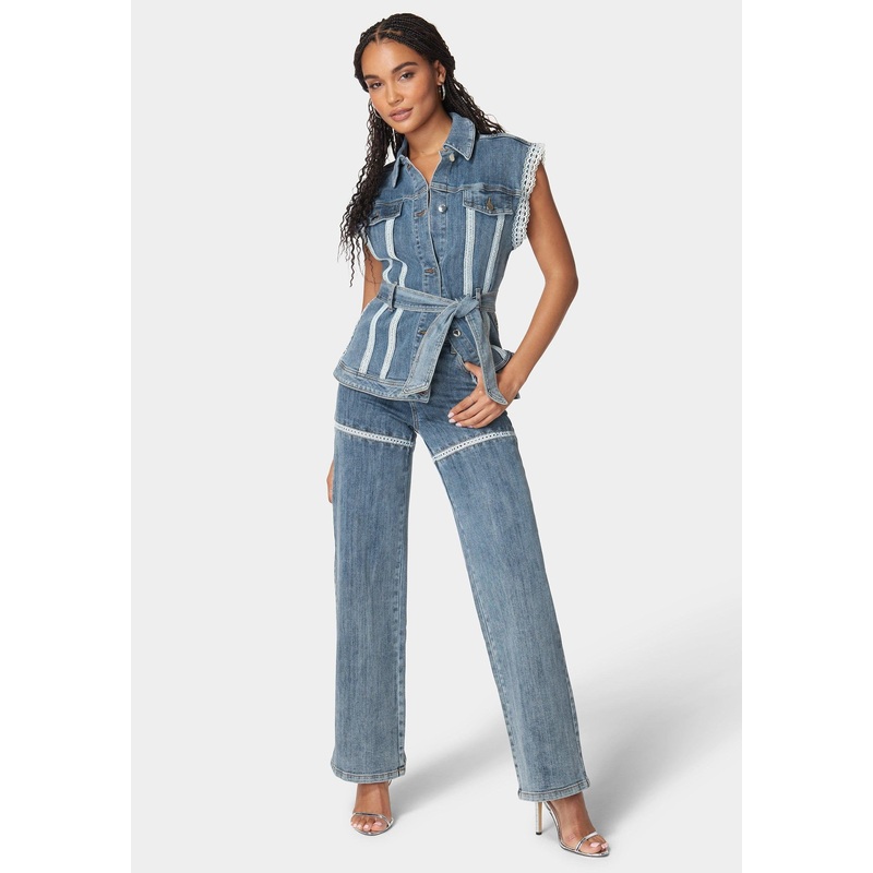 High Waist Lace Applique Wide Leg Jeans