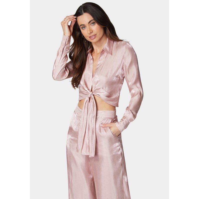 Iridescent Satin Tie Front Collared Blouse