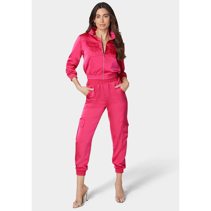 Laundered Satin Elastic Waist Cargo Jogger Pant