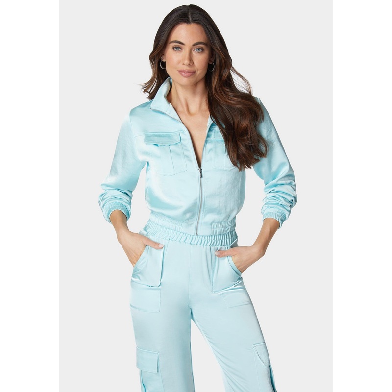 Laundered Satin Front Patch Pocket Bomber Jacket